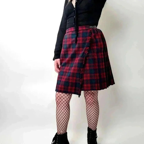 Vintage 90s Goth Grunge Plaid Pleated Midi Skirt - Picture 1 of 5